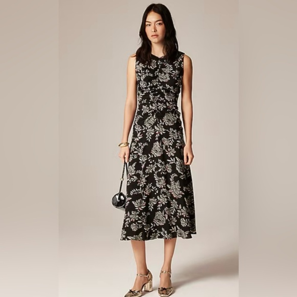 J Crew Veranda NWT 14T Ret $238 Floral Sleeveless MIDI Dress Rouched Body
